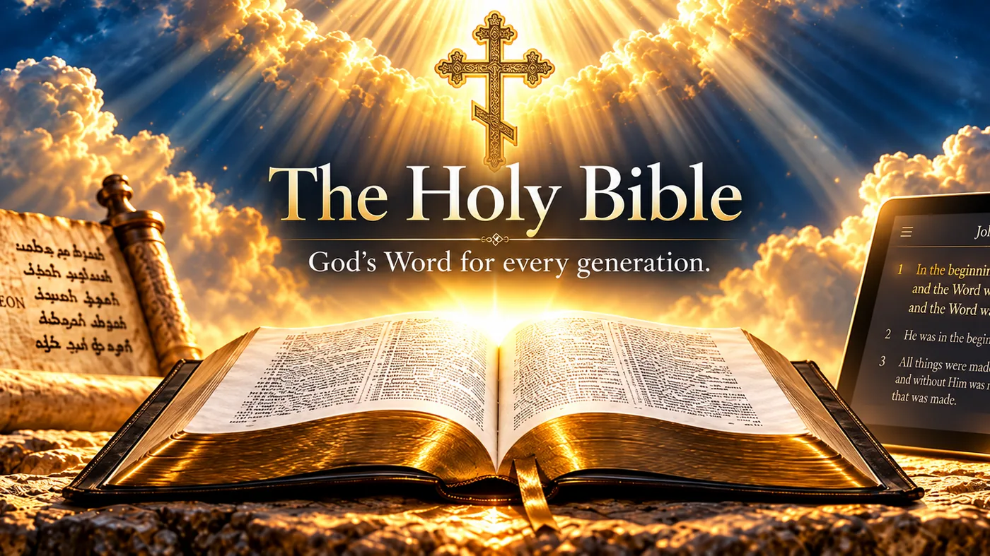 The Holy Bible: an open Bible beneath a glowing Orthodox cross, with an ancient scroll and the Gospel of John on a tablet